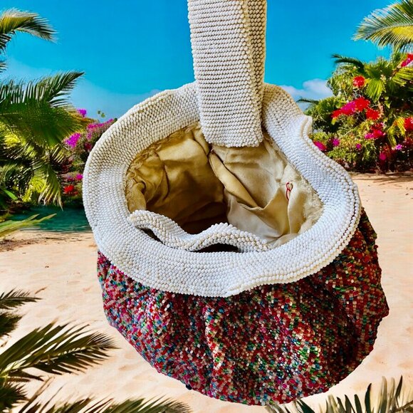 Vintage BEADED Drawstring Wrist Pouch Bag Flapper Art Deco Small - Picture 3 of 13